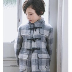 【BeBe】グレー系チェック ダッフル コート 男女 かわいい 130cmの画像