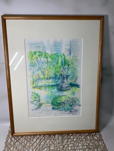 アンティーク 水彩画 日比谷公園 直筆サイン 額装】風景画 良品 美術品