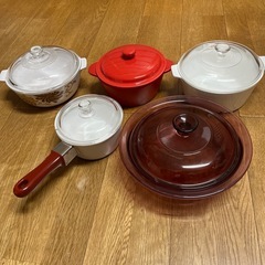ガラス、陶器鍋 5点の画像