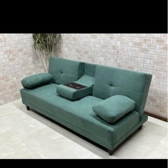 ソファーベッド　小テーブル付き　コーデュロイ　グリーン　ソファの画像