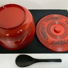 おひつ　しゃもじ　セット　漆器　朱色　飯櫃　　【j367】の画像