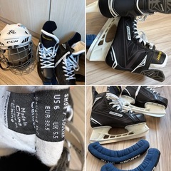アイスホッケースケート靴とヘルメットの画像