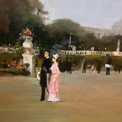 噴水のある公園　ホテル絵画　額付き　大型絵画の画像