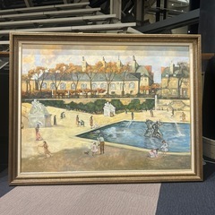 噴水の前で遊ぶ子どもたち　額付き絵画　ホテル絵画　油絵の画像