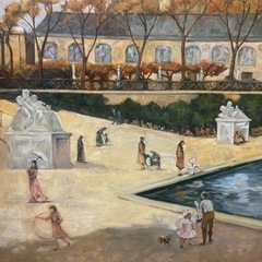 噴水の前で遊ぶ子どもたち　額付き絵画　ホテル絵画　油絵の画像