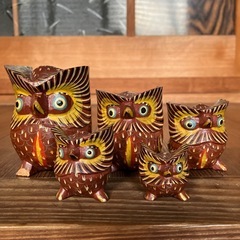 フクロウ 置物 木彫 5体セット 縁起物　高さ約8.5〜3㎝の画像