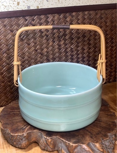 時代物 名工 加藤実 作 青磁 手付 盛鉢 共箱 在銘 良品 茶道具 煎茶