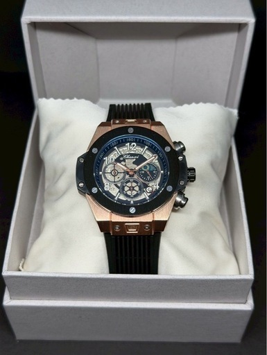 【希少】クロノグラフ スケルトン 腕時計 黒/金