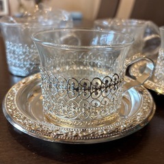 新品難あり　銀仕上げ ティーカップ4客・ソーサー２点セット　昭和レトロ純喫茶の画像