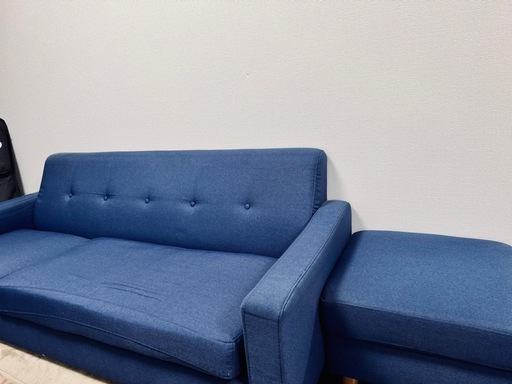 【美品】ソファ　オットマン付き　3人掛け　カウチソファ　ローソファ　ブルー