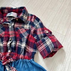 2wayフランネル デニムワンピース 110cm チェック柄レースボタンポケットの画像