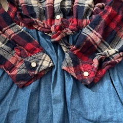 2wayフランネル デニムワンピース 110cm チェック柄レースボタンポケットの画像