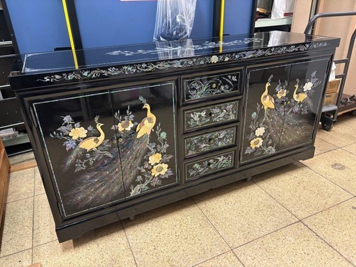 螺鈿細工 花鳥図 サイドボード 漆黒塗 キャビネット 高級家具
