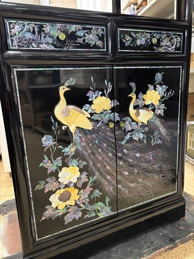 高級家具 漆黒塗 花鳥図 キャビネット シェルフ オープン 螺鈿細工