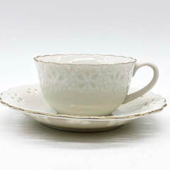 ss8188　Adam＆Eve ペアティータイムセット カップ＆ソーサー 2客 プレート1枚 ホワイト×ゴールド たち吉 c/s フィオレ レース調 白地 金彩縁取り フリル 洋食器 白い食器 ティーカップ 中古の画像