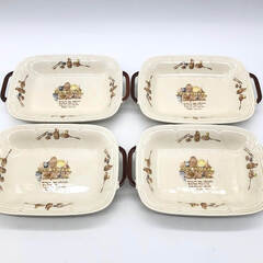 ss8189　HOME GALLERY スクエア カレー皿 4枚セット カントリー調 レトロ食器 取っ手付き 四角 深皿 パスタ皿 大皿 アンティーク 洋食器 カレー皿 中古の画像