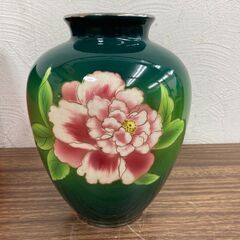 【お売りします】 冨士七宝陶器　牡丹　花瓶　壺　陶器　箱付き　グリーン　インテリアの画像