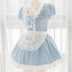 【美品】メイド服 エプロン コスプレ ミニ丈 水色 甘ロリ メイド ワンピース クラシカルの画像
