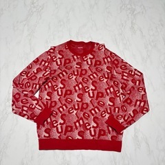【希少 レア】 　シュプリーム Supreme スウェット トレーナー Scatter Text Crewneck レッド 赤 総柄 アルファベット ロゴ Tシャツ L コットン 綿 100％ 19awの画像