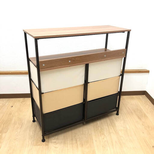 ss8224　Nicehill 棚付きチェスト 3段 引出6杯 幅80cm ブラウン系 布製引出 リビングボード リビング収納 スチール枠 キャビネット タンス オシャレ インテリア 飾り棚 チェスト 中古