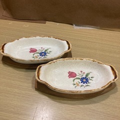 花柄 楕円形 小皿 木製プレート　2枚セット 陶器製 レトロの画像