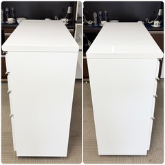 【超美品‼️】定価28万♪ 松田家具 118cm幅キッチンカウンター 食器棚 ミドルレンジボード 収納家具 艶あり木目調ホワイト♪の画像