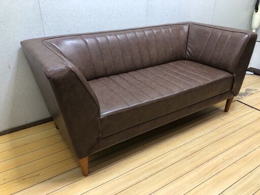  2人掛けソファ レザー調 ブラウン 福岡有名インテリアショップ購入 モダン 北欧 カフェ風 待合 店舗什器　【糸島市内 送料無料】1