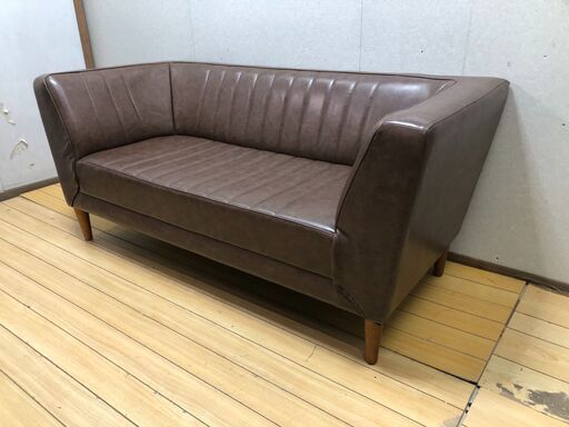  2人掛けソファ レザー調 ブラウン 福岡有名インテリアショップ購入 モダン 北欧 カフェ風 待合 店舗什器　【糸島市内 送料無料】1