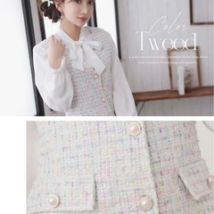 ボータイブラウス付きツイードワンピース フリーサイズ　白の画像