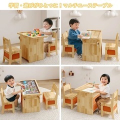 【新品】キッズデスク パズル台 チェア 無垢材 子供用デスク 引き出し付き 2人用の画像