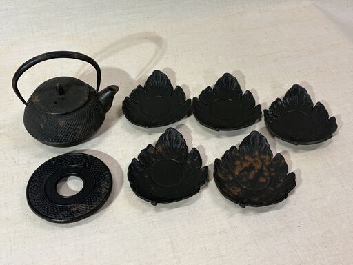 南部鉄器 岩鋳鉄瓶 茶托 急須敷 茶道具 煎茶道具 鉄器 茶器 7点セット