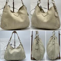 PRADA プラダ ハンドバッグ トートバッグ ワンショルダー 肩掛け ホーボー シボ革 シボレザー キャンバス 三角ロゴプレート クリーム ホワイト アイボリー 白 デカロゴ でかロゴ A4収納可 白タグの画像