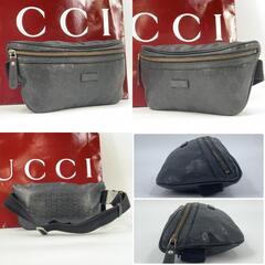 GUCCI グッチ GGインプリメ ボディバッグ 斜めがけ ウエストポーチ ヒップバッグ PVC レザー コーティングキャンバス  ブラック 黒 シルバー金具 メンズ 233269の画像