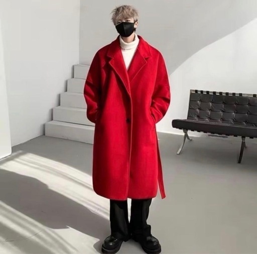 メンズ】ベルト付き ロングコート 赤 Sサイズ 女性もOK (吹雪克彦