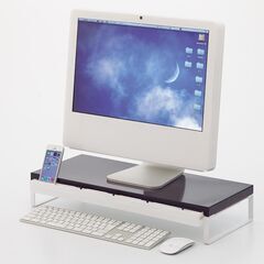 リヒトラブ 引出し付き机上台 A-7338 ブラック/ホワイト LIHIT LAB. モニター台 スマホ・タブレット入れ 卓上収納 ワイドタイプの画像