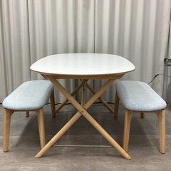 KL-17【新入荷　リサイクル品】IKEA×大川家具　ベンチダイニング3点セット　白×ブルーの画像