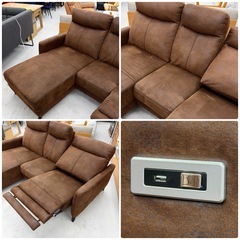 【超美品‼️】定価15万♪ 電動リクライニング 210cm幅3人掛けカウチソファ USBポート付き 中央背もたれテーブル ファブリックレザー製ブラウン♪の画像