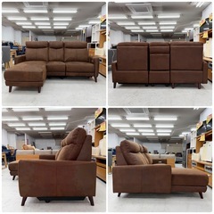 【超美品‼️】定価15万♪ 電動リクライニング 210cm幅3人掛けカウチソファ USBポート付き 中央背もたれテーブル ファブリックレザー製ブラウン♪の画像