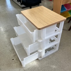 サ2512-277 キャスター付き 木製天板 収納ケース 3段 ホワイト ナチュラル キズ汚れ有りの画像