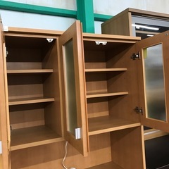 ジャングルジャングル貝塚店　食器棚　ブラウン　茶色　木　木目　磨りガラス　コンセント　3枚扉　引き出し　高さ調節可　中古　貝塚市　二色浜の画像