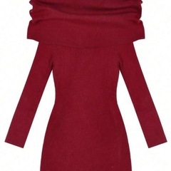 クリスマス　オフショルダー　リブニットミニワンピース レッド　ニットの画像