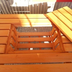 【リサイクルサービス八光】 幅120cm【半額以下】杉材 BBQガーデンテーブル＆ベンチ 3点セット コンロ設置可の画像