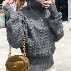 柄編みハーフジップニット チャコールグレー Lサイズの画像