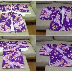 子供用 3～4歳 アンサンブル 着物 7点セット 女の子用 七五三 紫 法被 履物 足袋 兵児帯 巾着 髪飾り 札幌市 清田区 平岡の画像