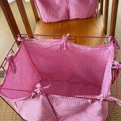 木製キャスター付き収納棚★布バスケット4個付き★油性ニス3回塗★ハンドメイド の画像