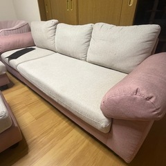 3人掛け＋オットマン付き カウチソファ（ピンク×ベージュ）の画像