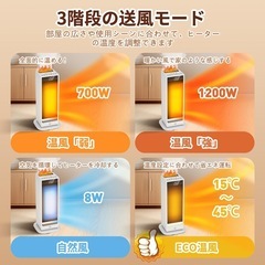 セラミックヒーター【2025年最強モデル＆超音波加湿機能】人感センサー付き 電気ストーブ 節電対策 省エネ 自動首振 LED大型ディスプレ タイマー機能 おしゃれ 700W/1200W パワー スリム メモリー機能 転倒OFF 持ち運び便利 脱衣所 足元 トイレ オフィス キッチン リビング 寝室 書斎 部屋全体 夏冬兼用 寒さと熱中症対策 PSE認証済み リモコン操作 ホワイトの画像