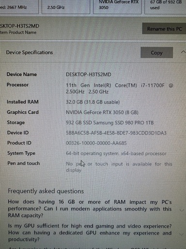 ゲーミングPC セットCore i7 11700F. RTX 3050