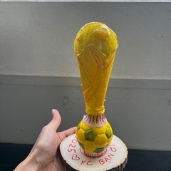 これは私が自分で作ったサッカーカップです。 材料は金属、紙、プラスチックで、接着剤で固定されていますの画像