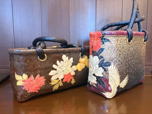 【一点限り】一貫張り　柿渋　カゴ　ハンドメイド　一閑張り　和雑貨　和小物　バッグ　小物入れ　和柄